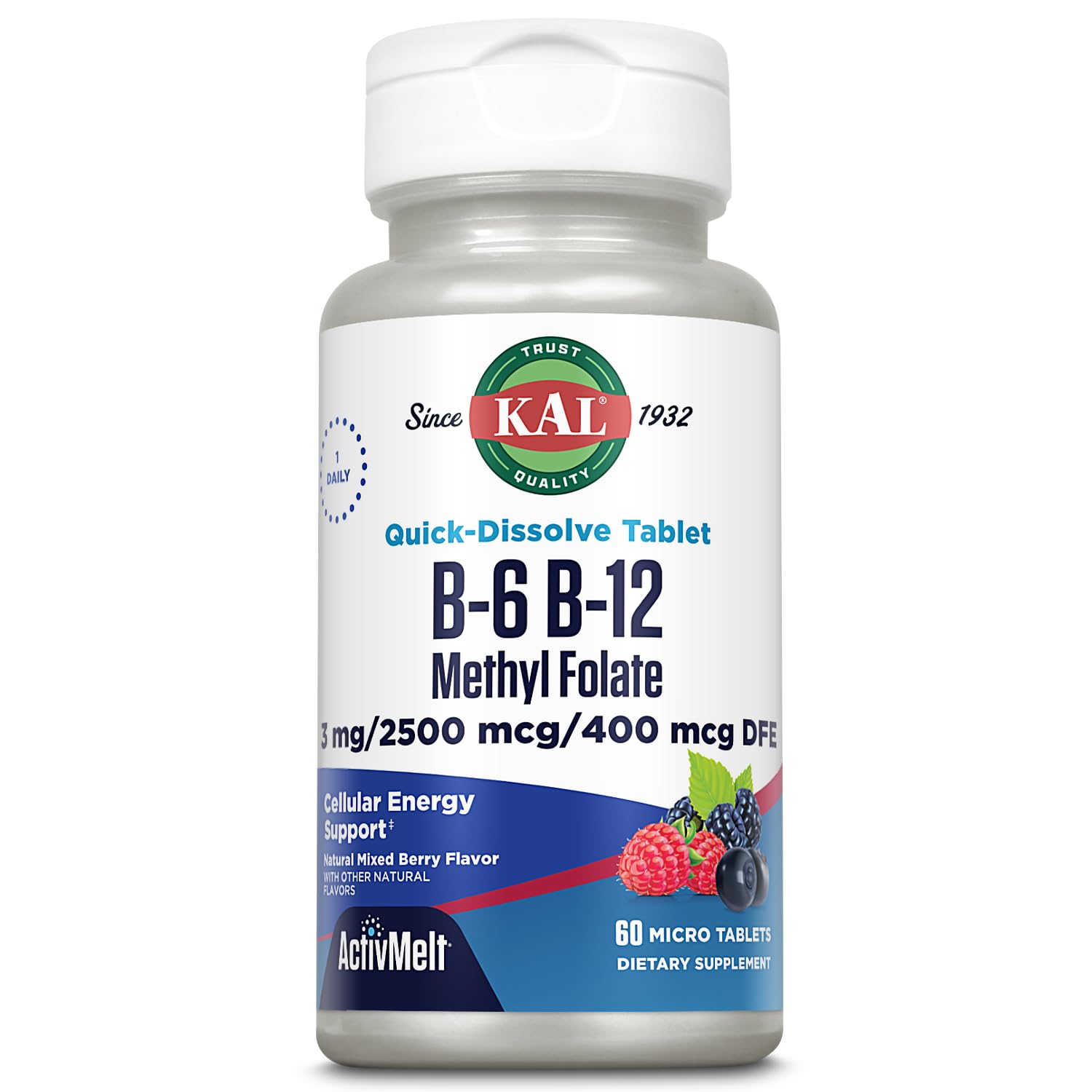 KAL ActivMelt berry-flavored microtabs on a table, quick-dissolving formula for on-the-go use.