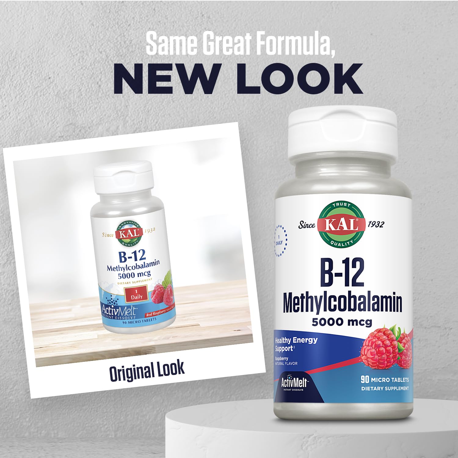 KAL ActivMelt raspberry flavor tablet dissolves in mouth for fast absorption.
