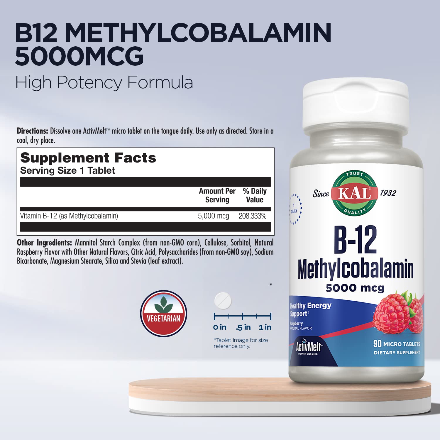 KAL B12 methylcobalamin 5000mcg supports energy and metabolism.