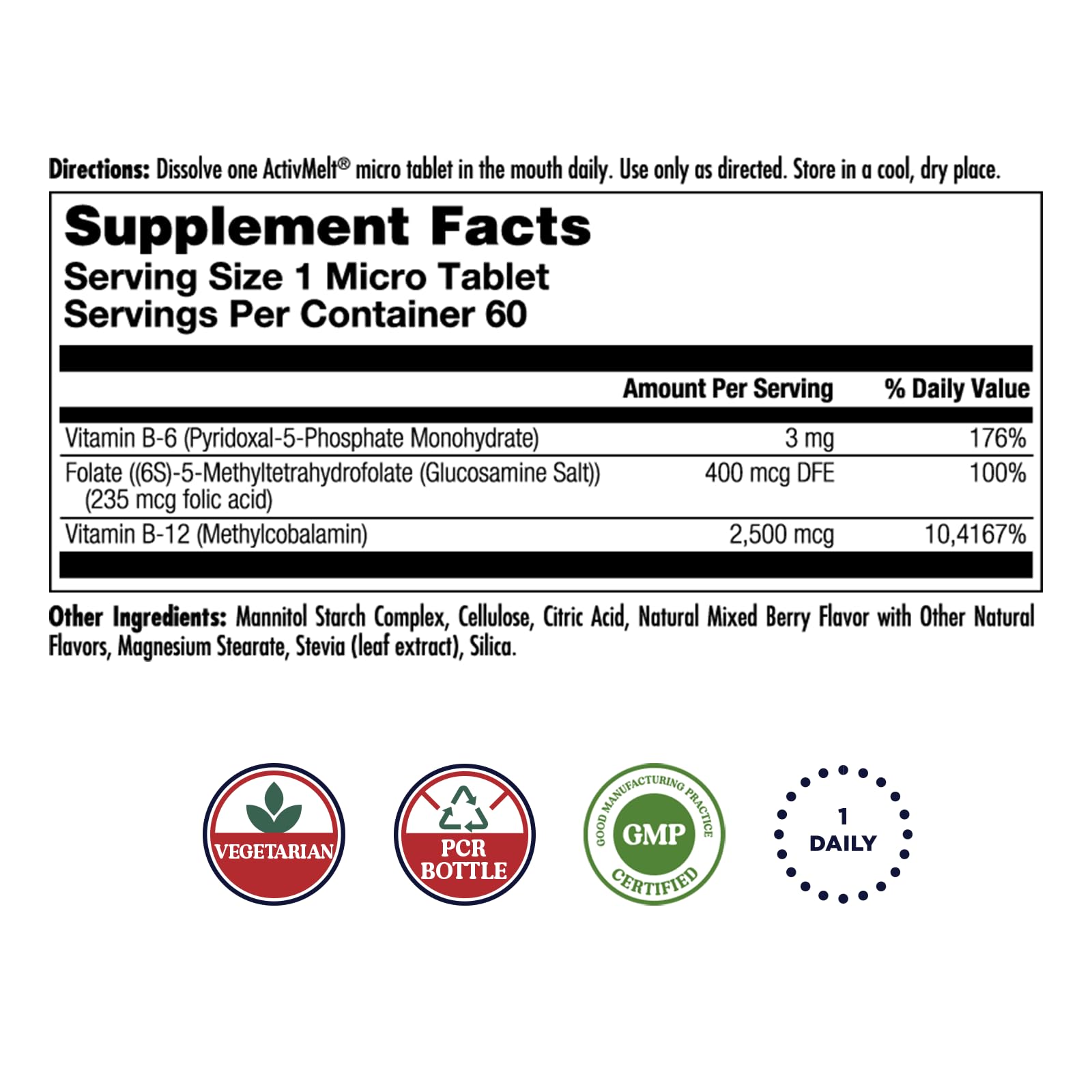 Close-up of KAL B6 B12 Methylfolate microtabs featuring coenzyme forms.