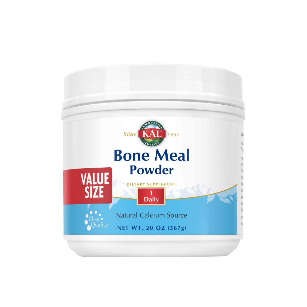 KAL Bone Meal Powder bottle shown on a kitchen counter for daily mineral intake.