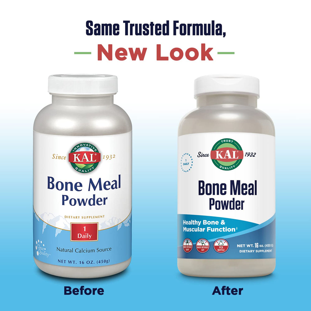KAL Bone Meal Powder pour capturing versatile use in shakes and yogurt.