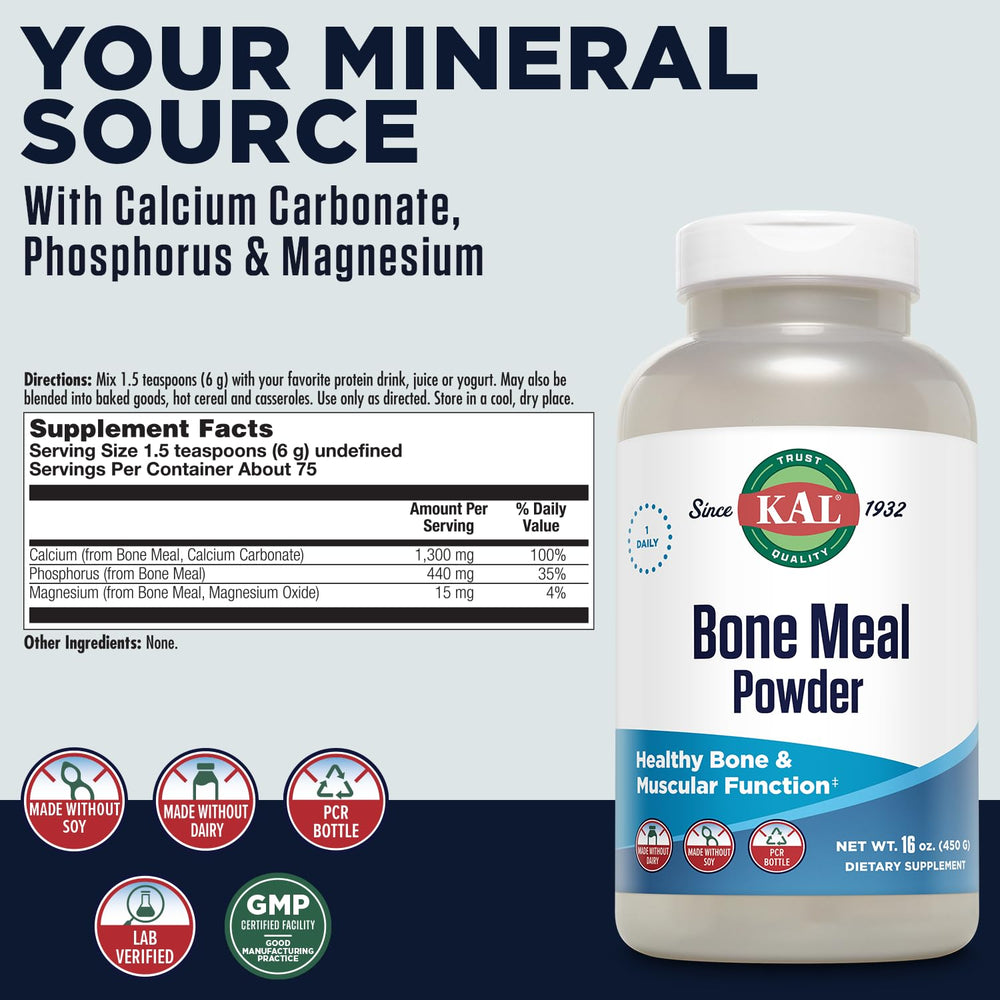 KAL Bone Meal Powder scoop showing easy measurement for daily minerals.