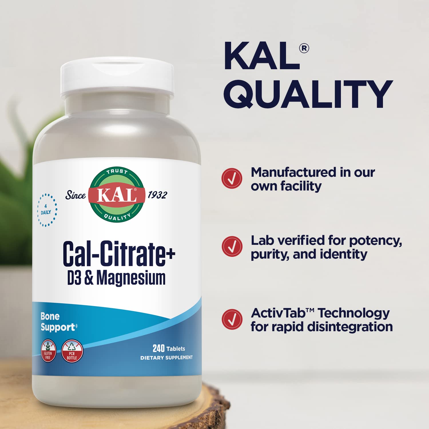 KAL Cal-Citrate+ ActivTab graphic illustrating fast-disintegration technology.