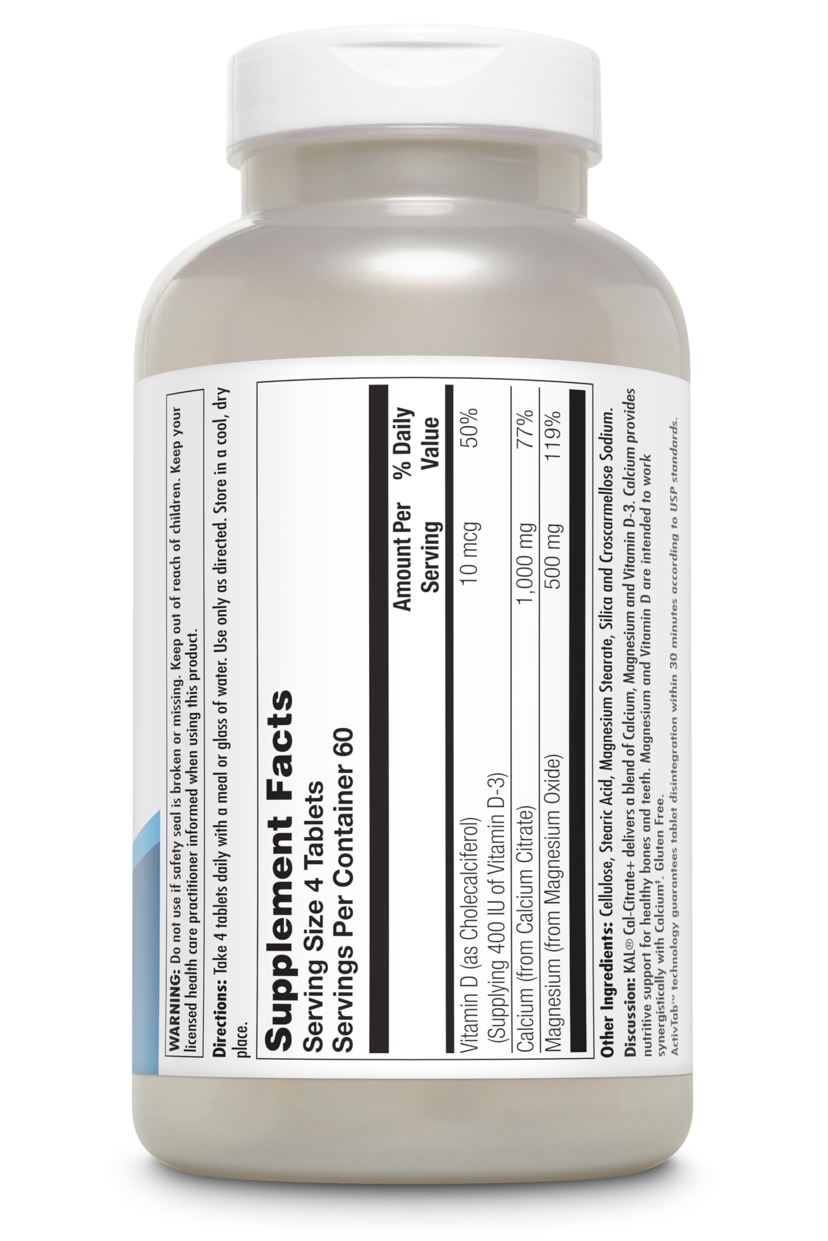 KAL Cal-Citrate+ bottle label highlighting calcium, magnesium, and vitamin D-3 benefits.