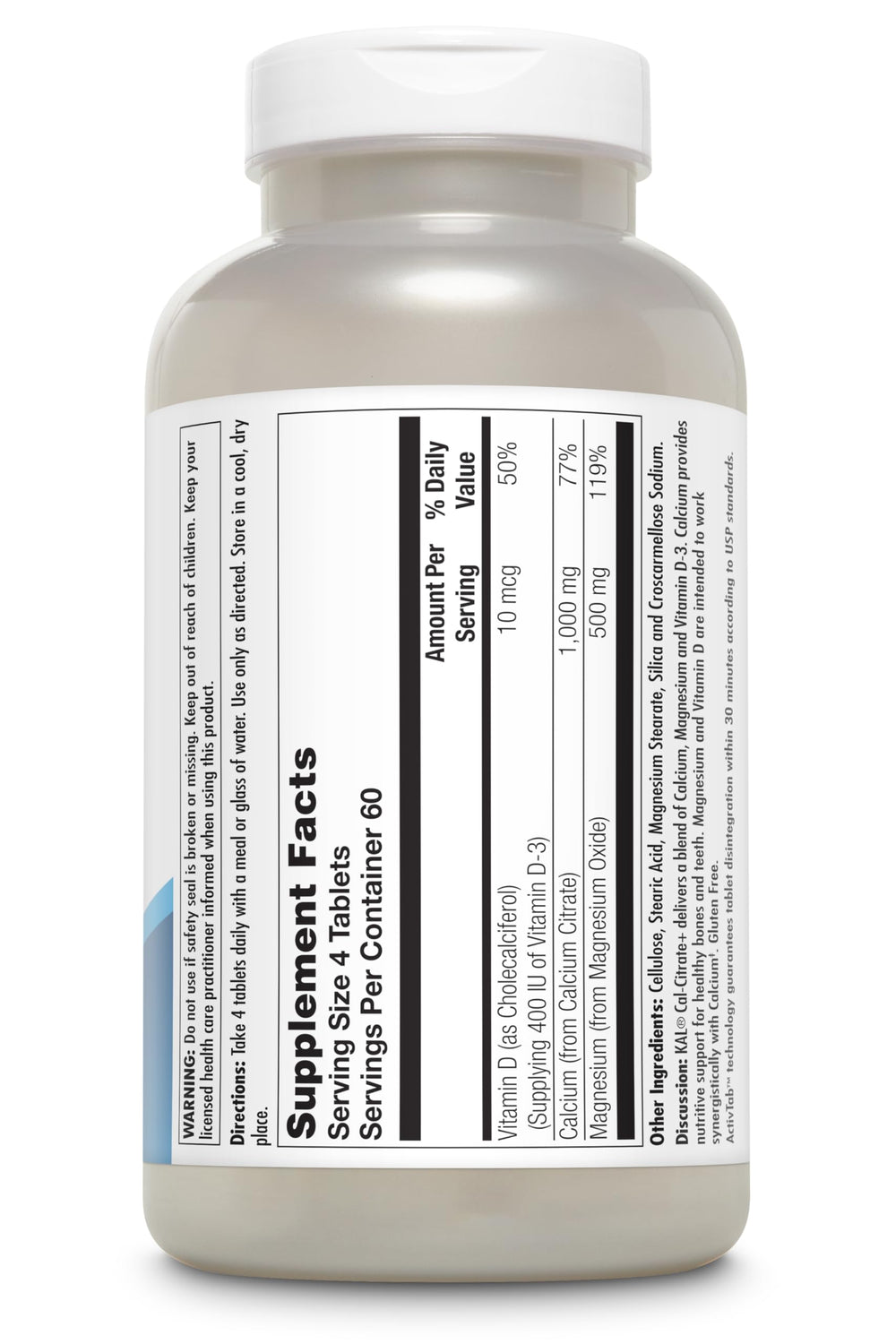 KAL Cal-Citrate+ bottle label highlighting calcium, magnesium, and vitamin D-3 benefits.