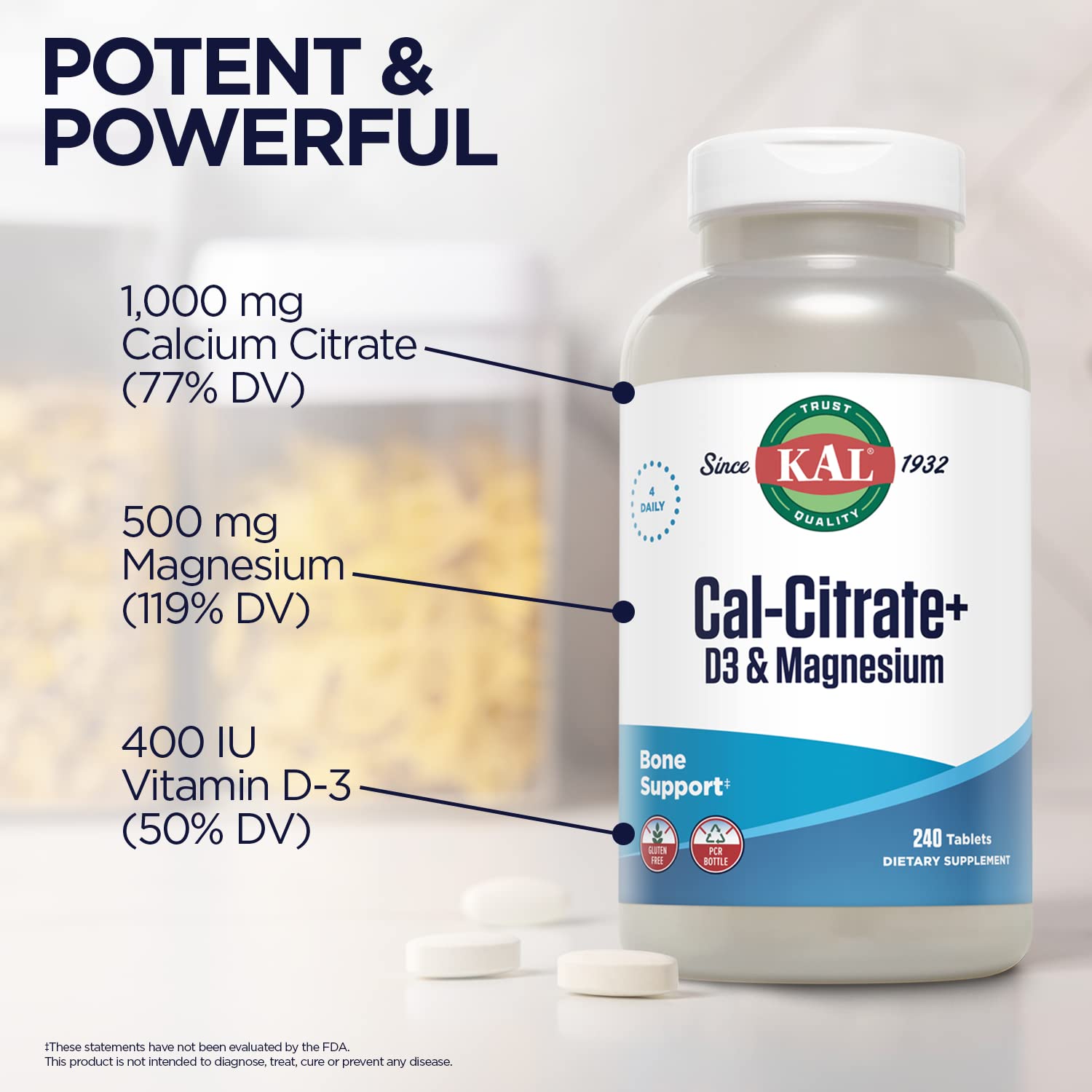 KAL Cal-Citrate+ eco-friendly PCR packaging emphasizes sustainable bottles.