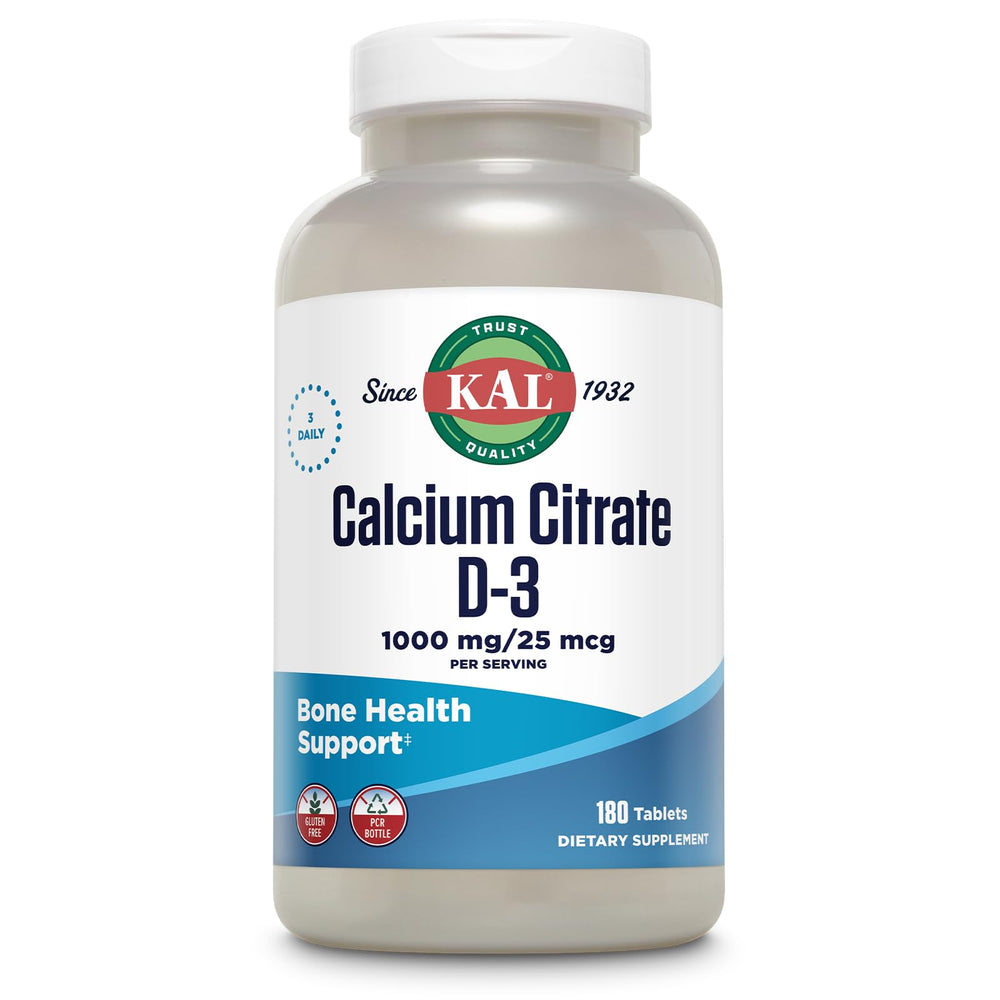 KAL Calcium Citrate with D3 bottle front label highlighting high potency calcium for teeth and bones.