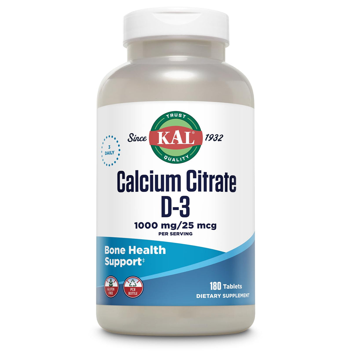 KAL Calcium Citrate with D3 bottle front label highlighting high potency calcium for teeth and bones.