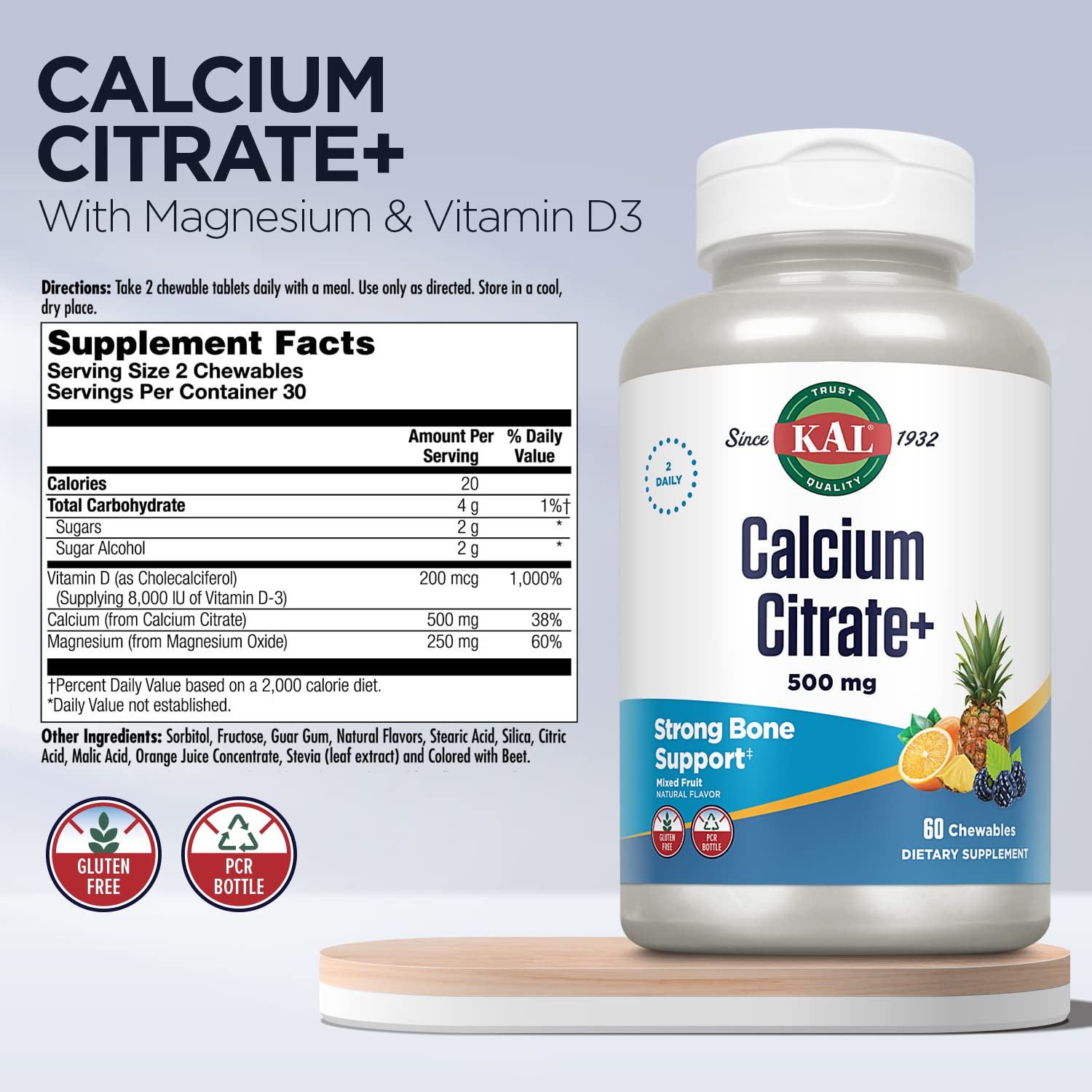 KAL fruit flavored chewables in a bottle for convenient daily supplementation