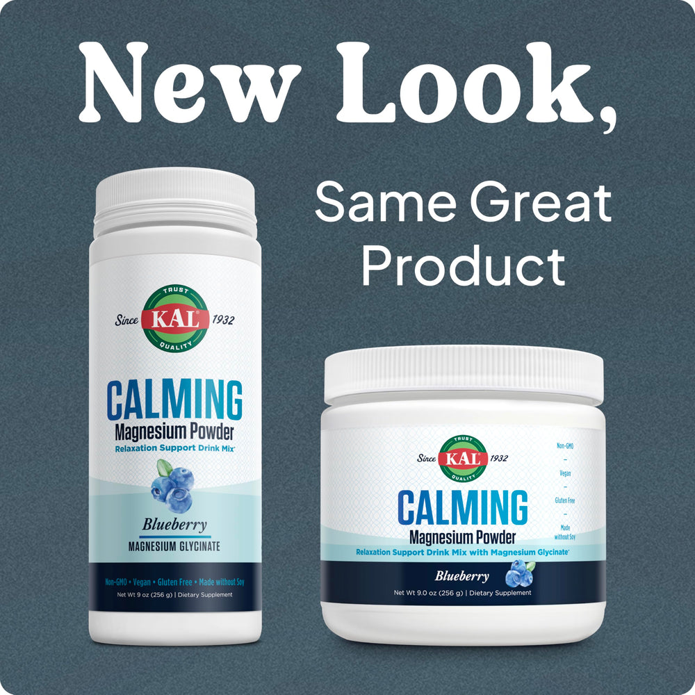 KAL Calming Magnesium Powder blueberry scoop beside glass for easy serving