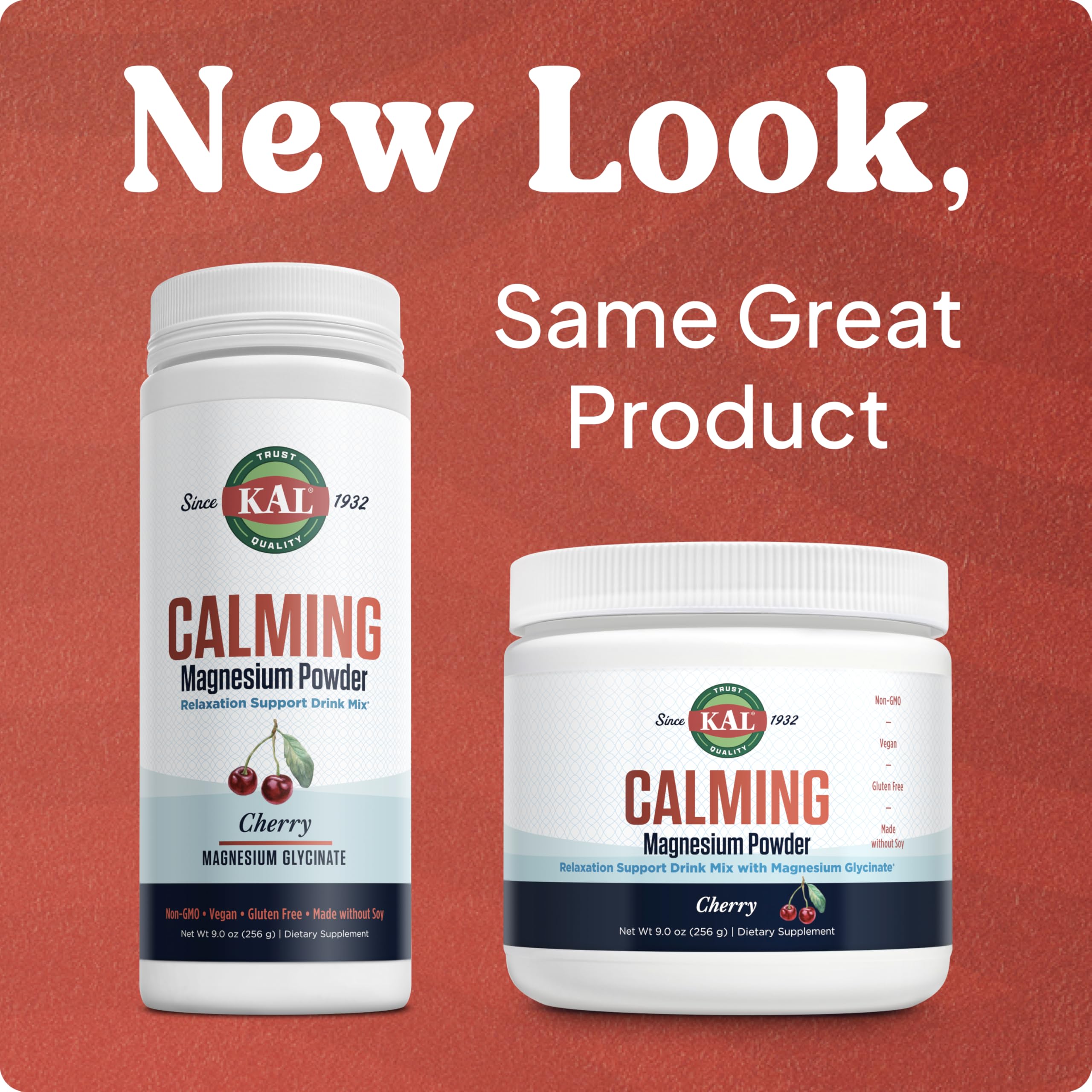 KAL Calming Magnesium Bottle Front emphasizes vegan, gluten-free, soy-free formula