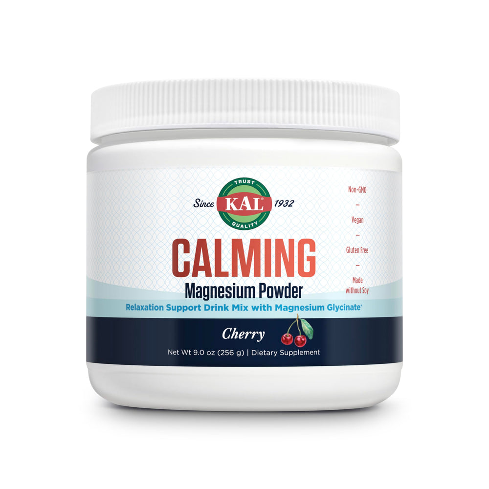 KAL Calming Magnesium Powder cherry package signals relaxation benefits for daily calm