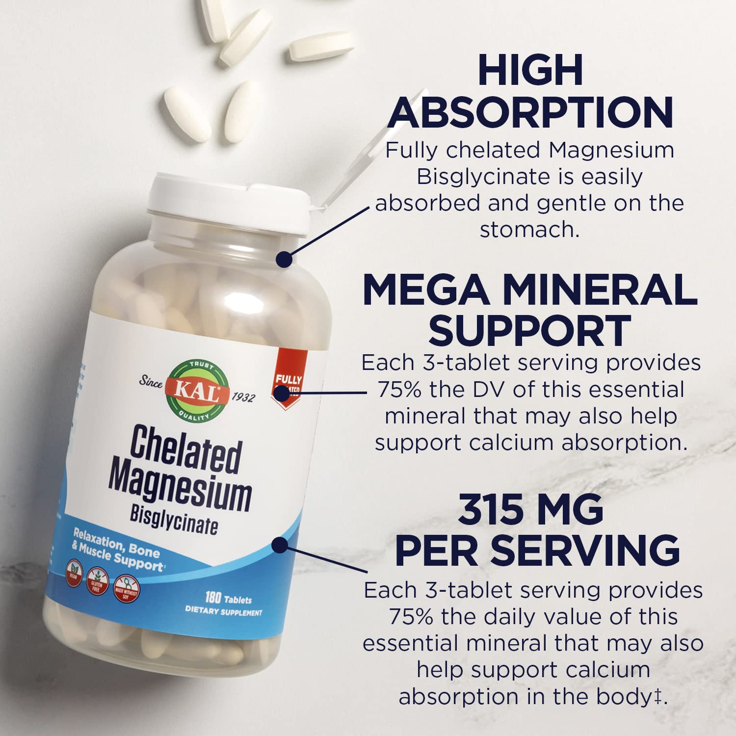 KAL Chelated Magnesium Bisglycinate serving; convenient daily capsule