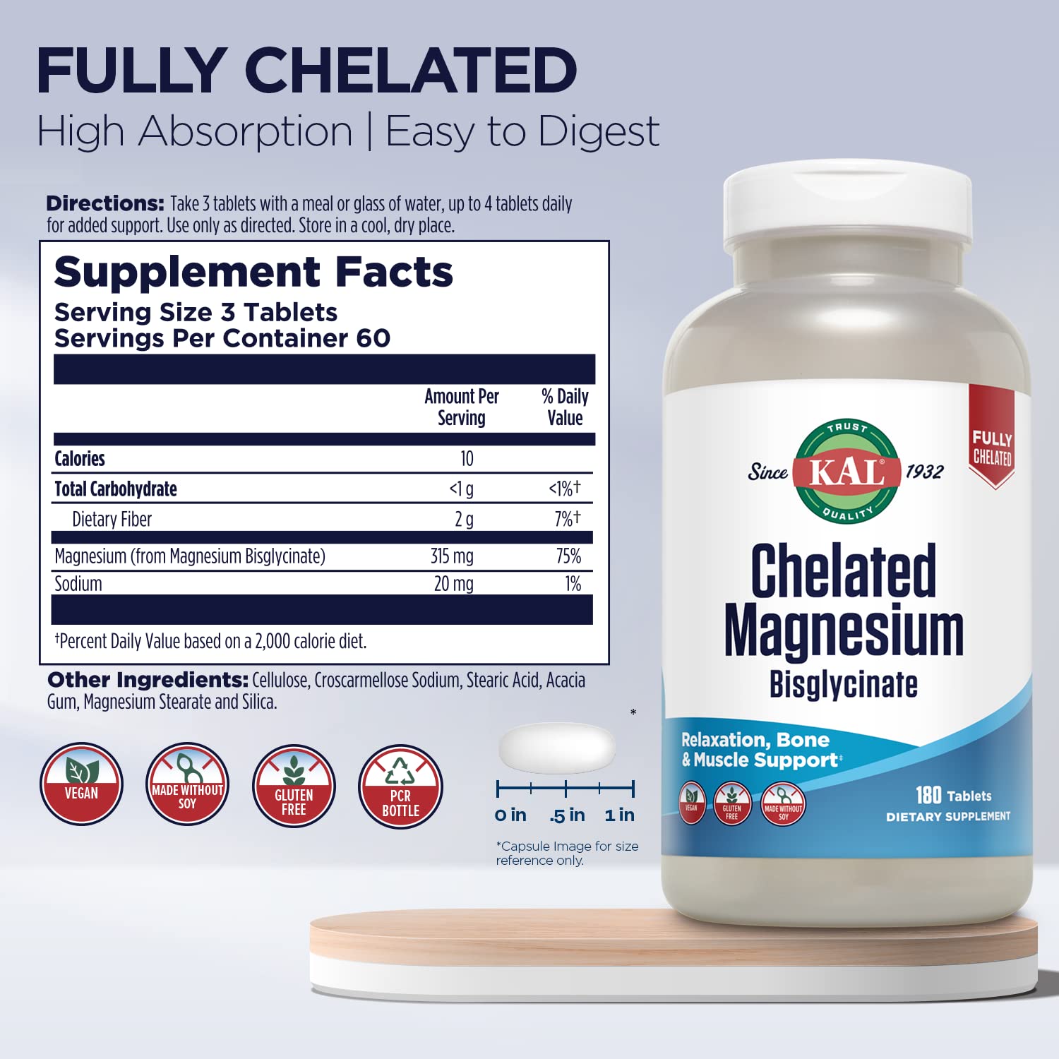 KAL Chelated Magnesium Bisglycinate tablets close up; easy daily intake