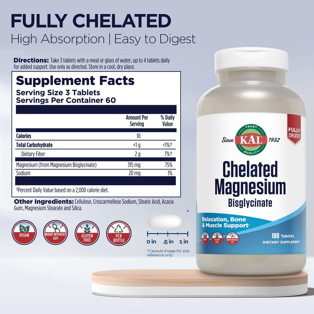 KAL Chelated Magnesium Bisglycinate tablets close up; easy daily intake