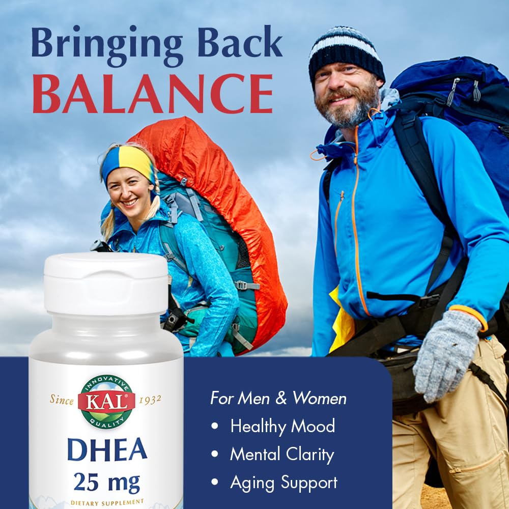 KAL DHEA vegetarian tablets label shows 99.5% purity and vegetarian formula.
