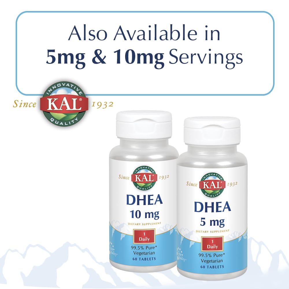 KAL DHEA vegetarian tablets daily-use bottle promotes a simple routine.