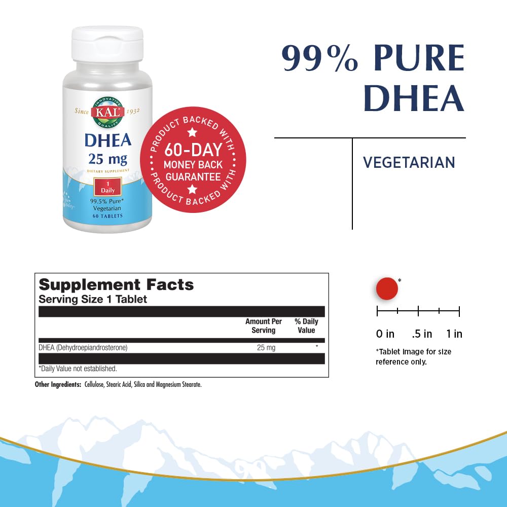 KAL DHEA vegetarian tablets capsule close-up highlighting hormone synthesis support.