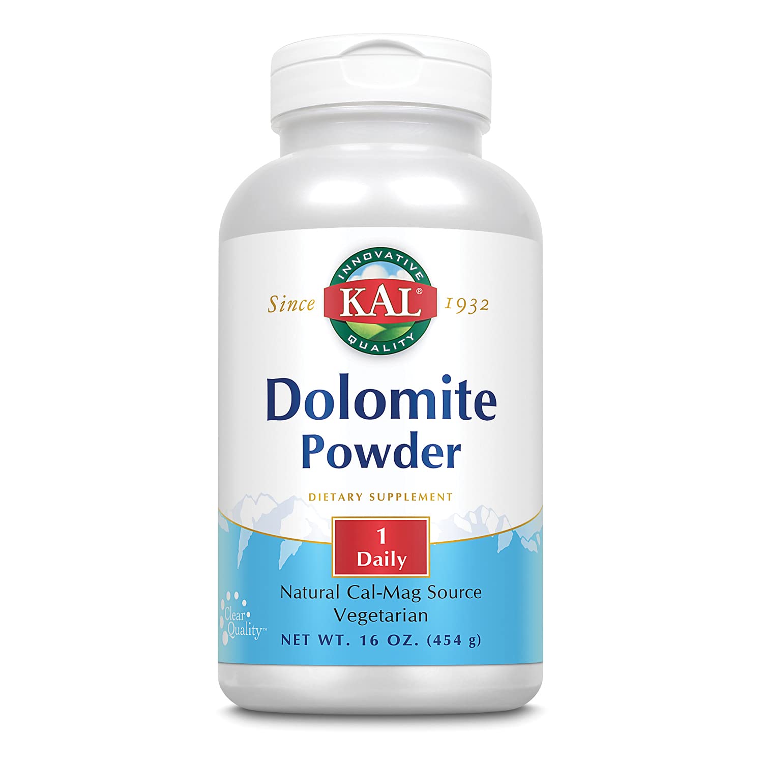 KAL Dolomite Powder 16 oz bottle front view, calcium and magnesium source for vegan diets.