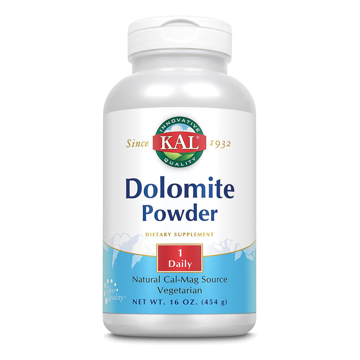 KAL Dolomite Powder 16 oz bottle front view, calcium and magnesium source for vegan diets.