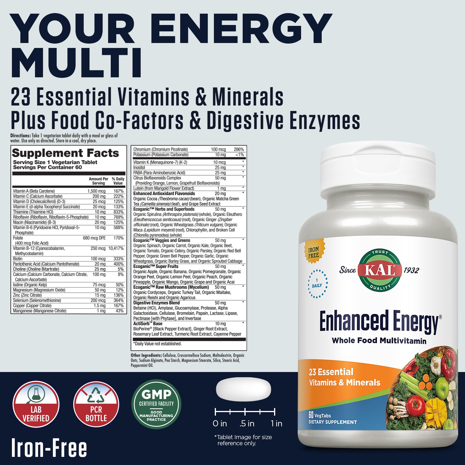 KAL Enhanced Energy label closeup highlights iron-free formula.