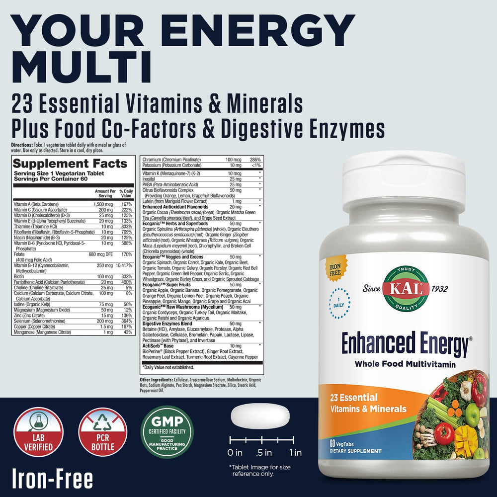 KAL Enhanced Energy label closeup highlights iron-free formula.