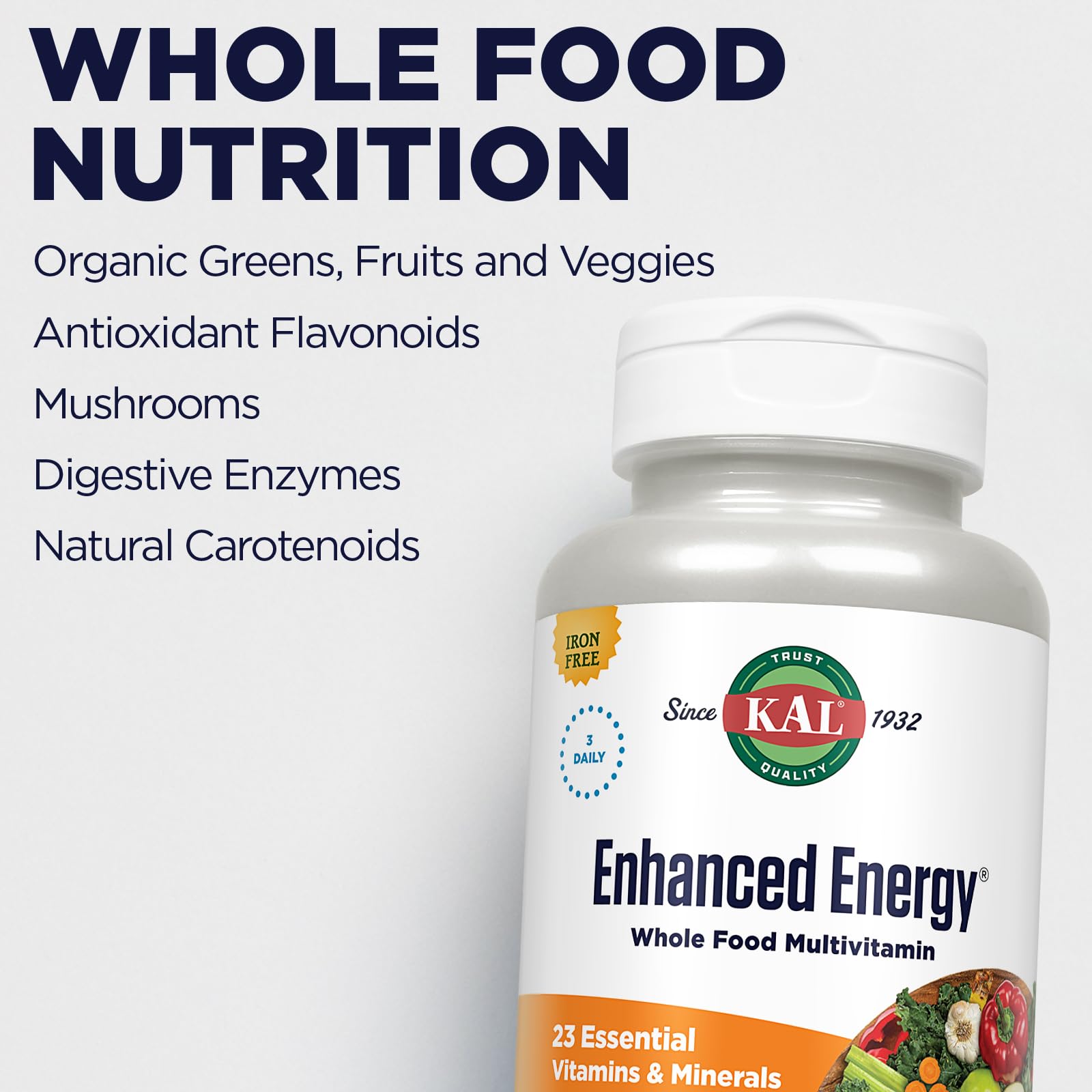 Kal Enhanced Energy Multivitamin with digestive enzymes highlights supporting digestion.