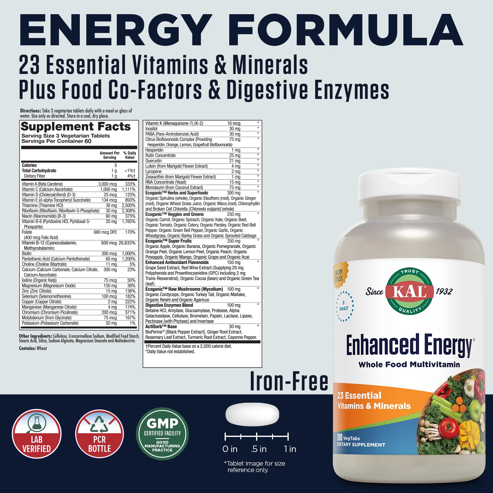 Kal Enhanced Energy Multivitamin tablets closeup showcases convenient daily capsules for steady energy.