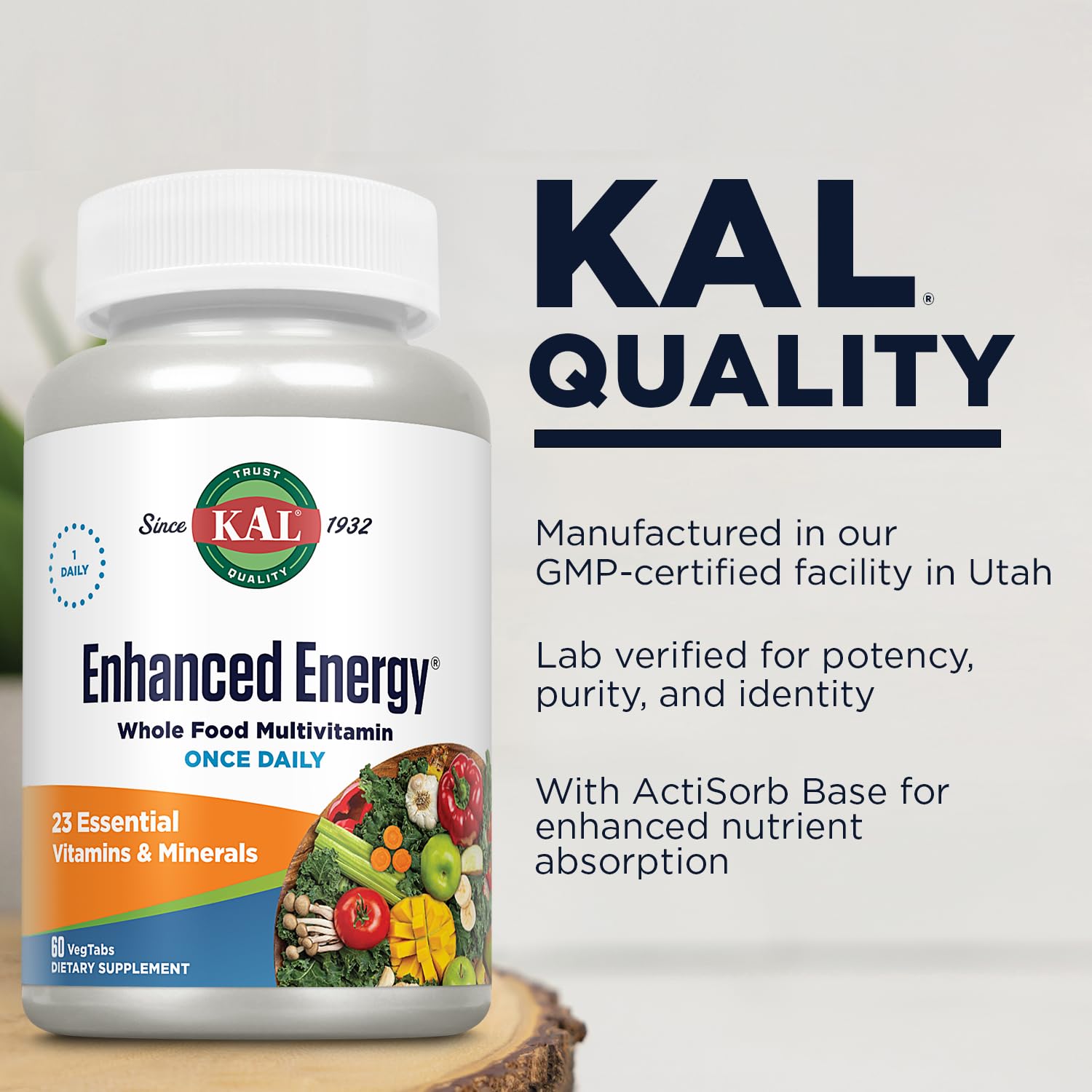 KAL Enhanced Energy Tablets ingredient panel lists vitamins and energizing greens