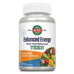Kal Enhanced Energy for Teens tablets bottle front, easy daily energy support.