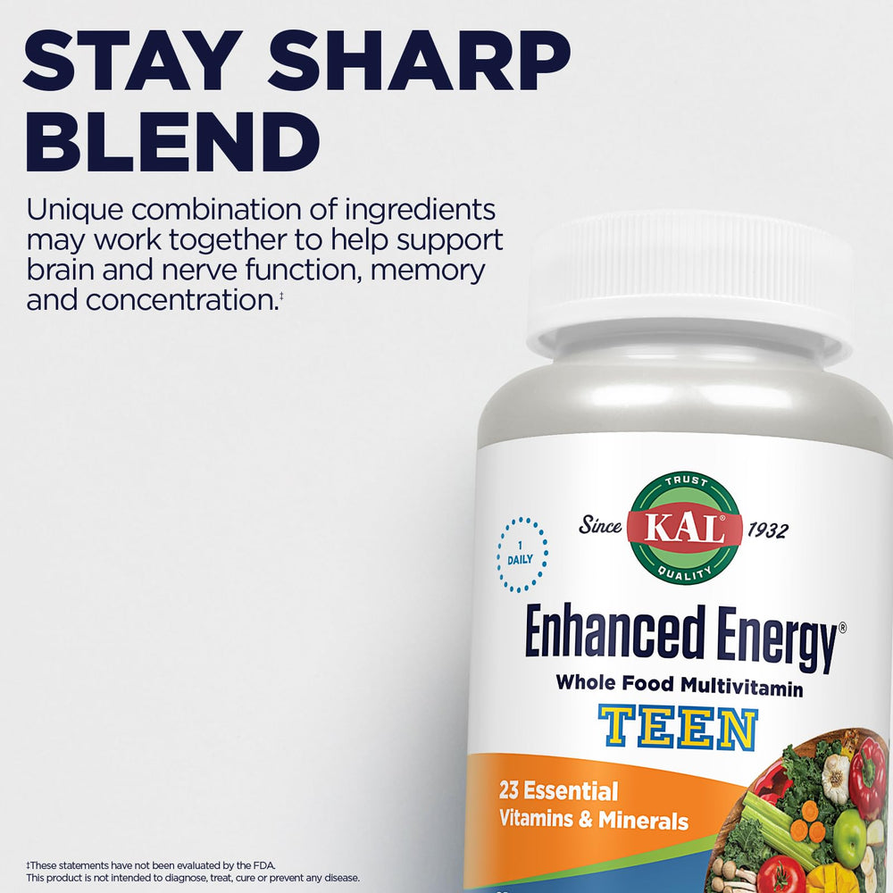Kal Enhanced Energy tablets dosing on label supports teen routines.