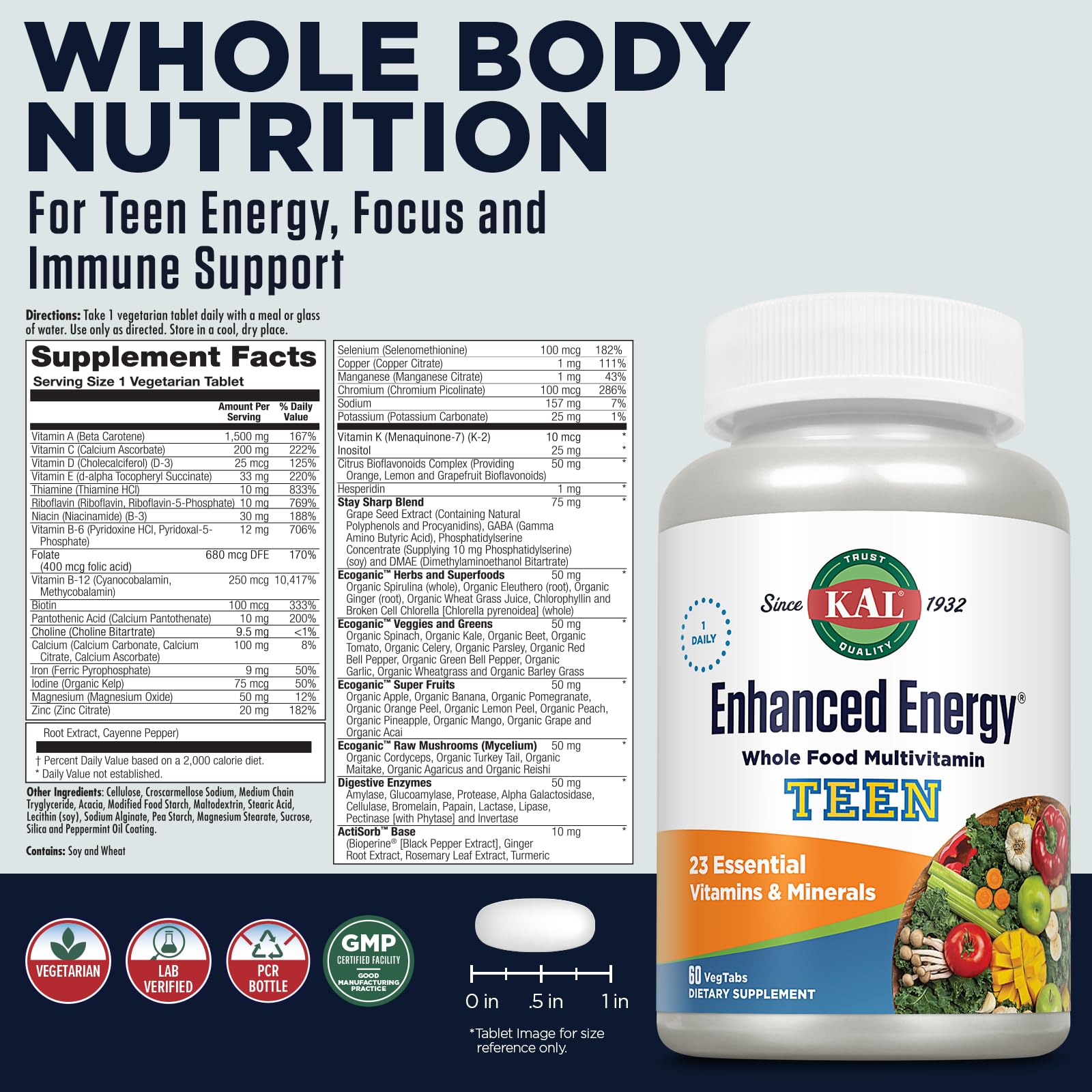 Kal Enhanced Energy label close-up highlights teen-friendly nutrition details.