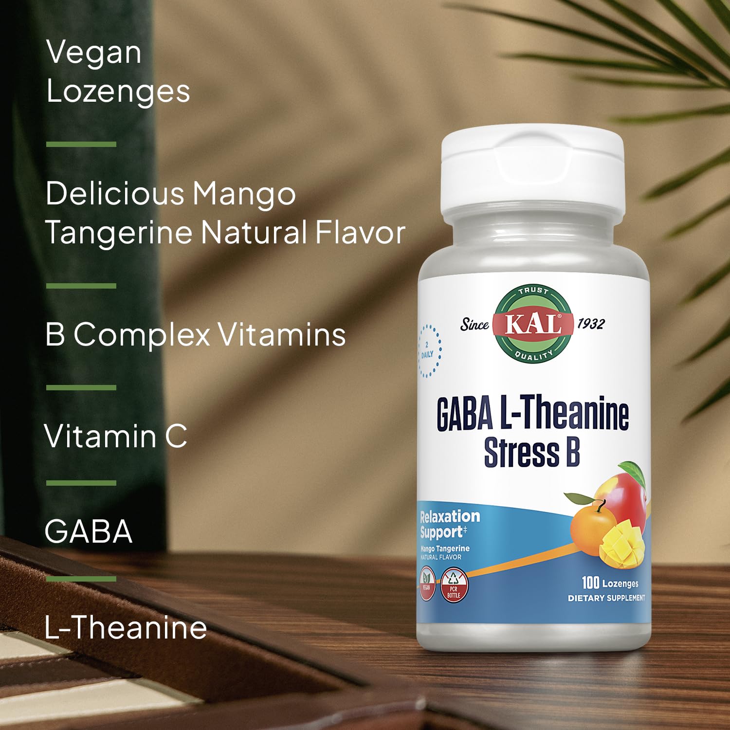 KAL GABA L-Theanine label highlights B vitamins.