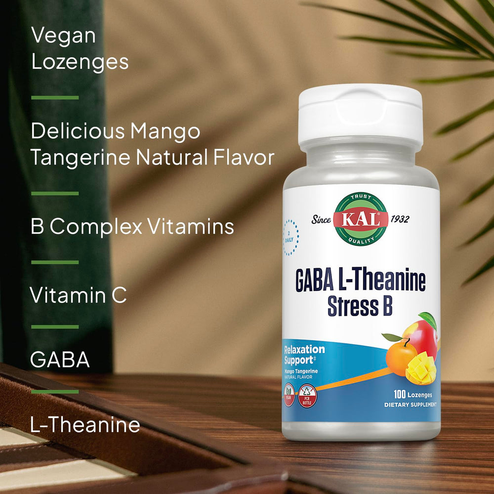 KAL GABA L-Theanine label highlights B vitamins.