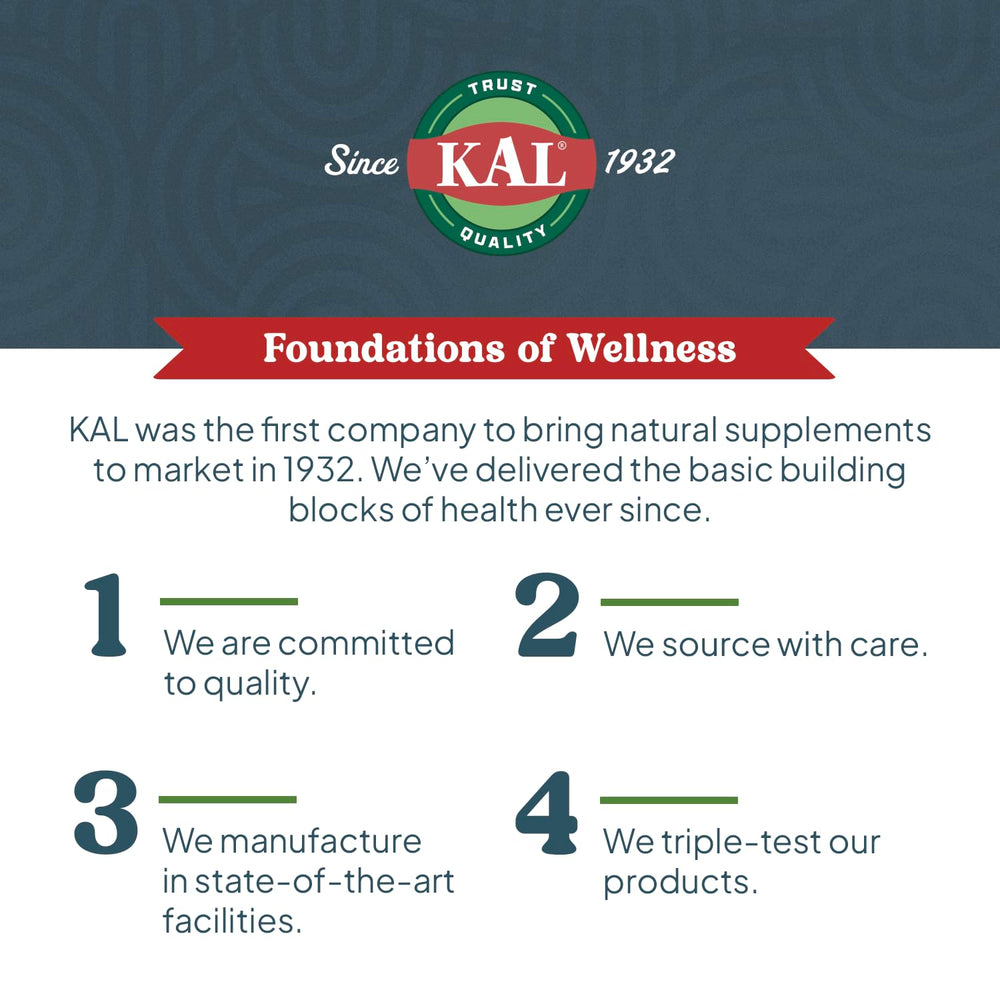 KAL packaging shows vegan formula and guarantee.