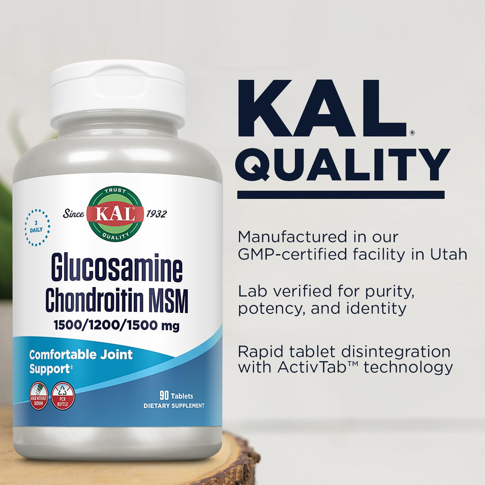 KAL Glucosamine Chondroitin MSM bottle back highlights rapid disintegration for quick absorption.