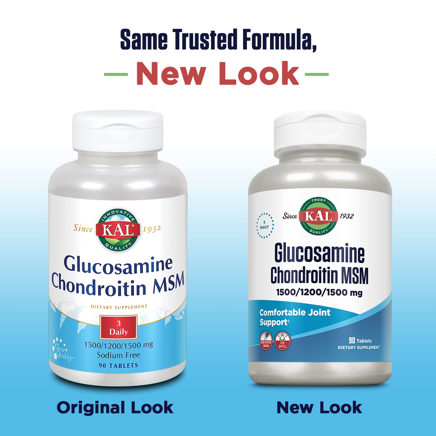 KAL Glucosamine Chondroitin MSM pills closeup shows easy-to-swallow tablets.