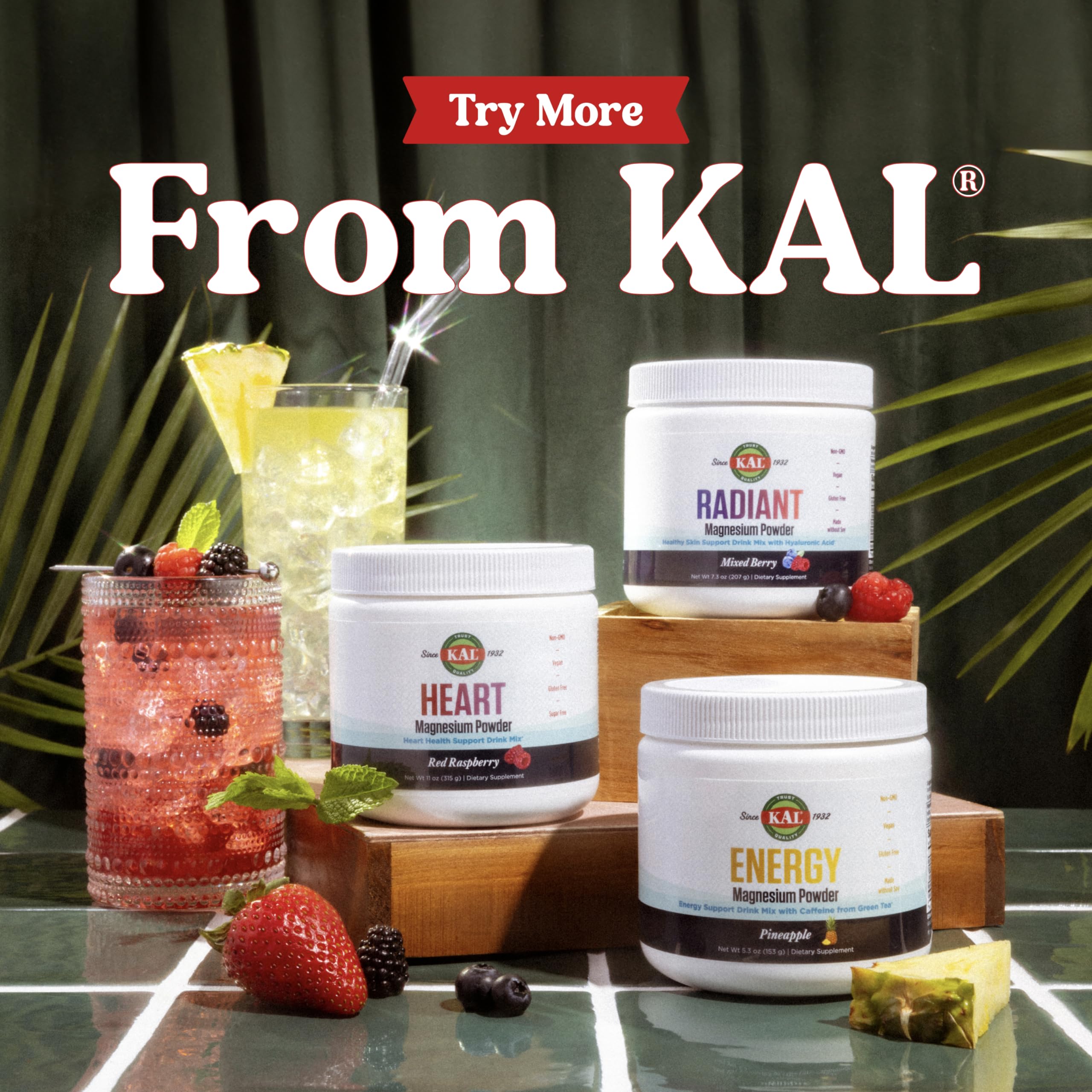 KAL Heart Magnesium Powder raspberry drink over ice emphasizes sugar-free formulation.