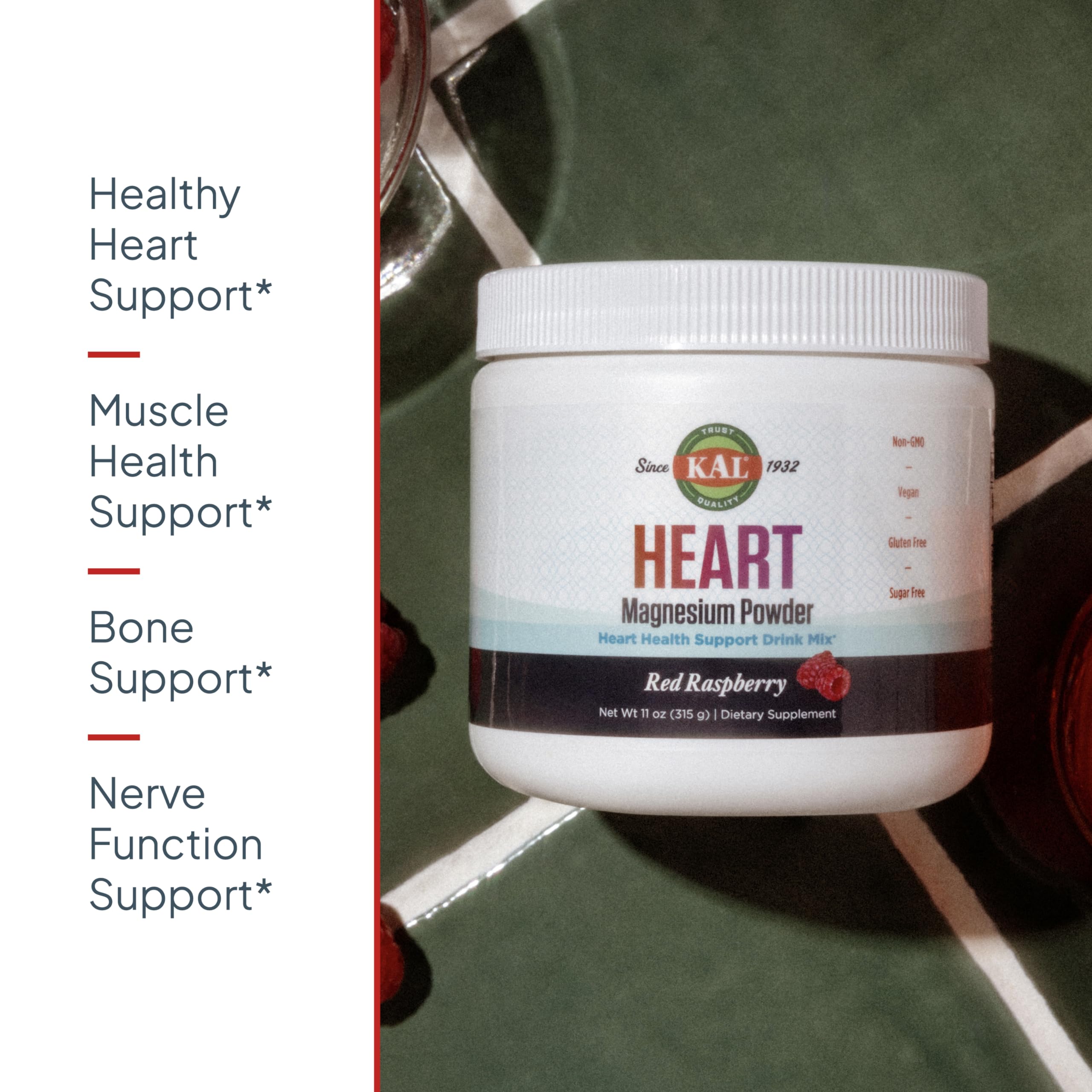 KAL Heart Magnesium Powder raspberry flavor dissolving in water for refreshment.