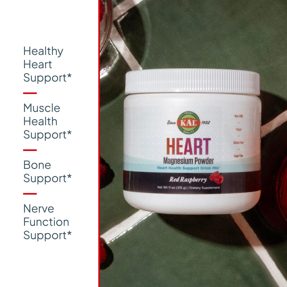 KAL Heart Magnesium Powder raspberry flavor dissolving in water for refreshment.