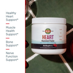 KAL Heart Magnesium Powder raspberry flavor dissolving in water for refreshment.