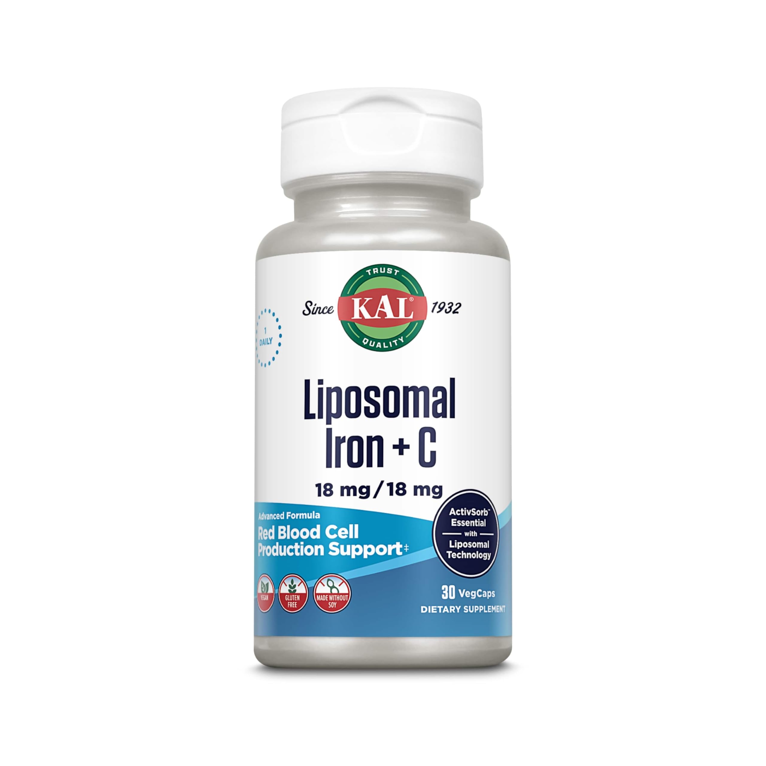 KAL Liposomal Iron bottle shows high absorption for daily wellness