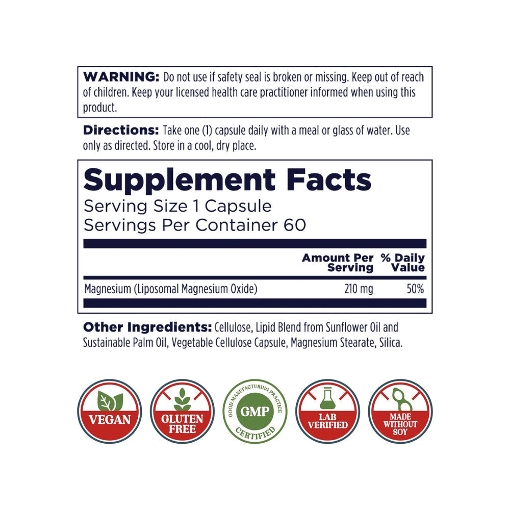 KAL Liposomal Magnesium Oxide capsules close-up, vegan and gluten-free for everyday wellness.