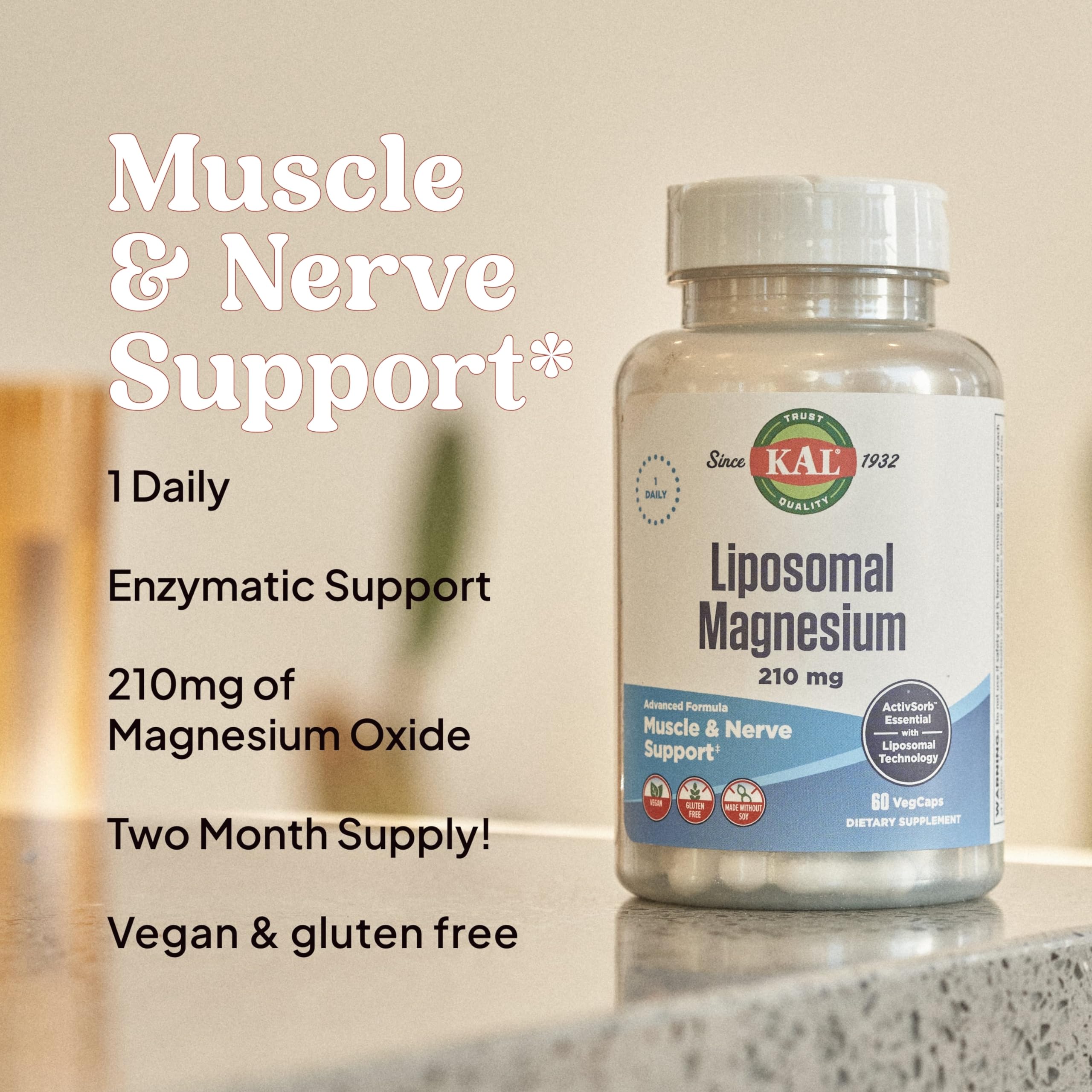 KAL Liposomal Magnesium Oxide pour suggests simple daily supplementation for muscle support.