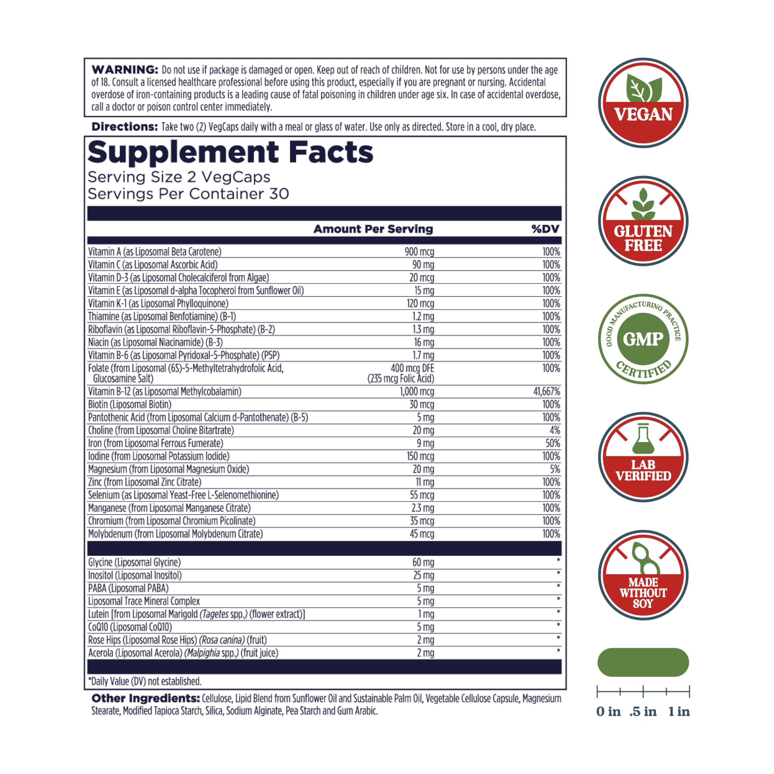 Kal Liposomal Multivitamin bottle label shows vitamins C and D-3 for immune and energy support