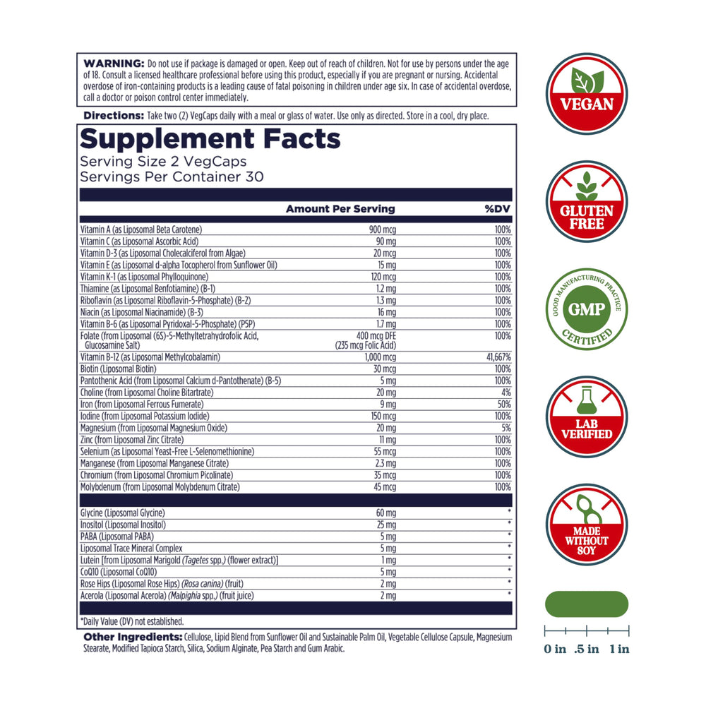 Kal Liposomal Multivitamin bottle label shows vitamins C and D-3 for immune and energy support
