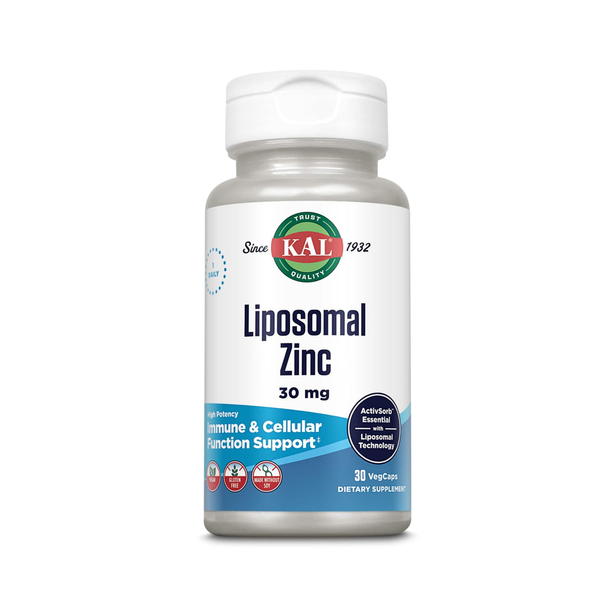 KAL Liposomal Zinc bottle with 30 capsules for immune support.