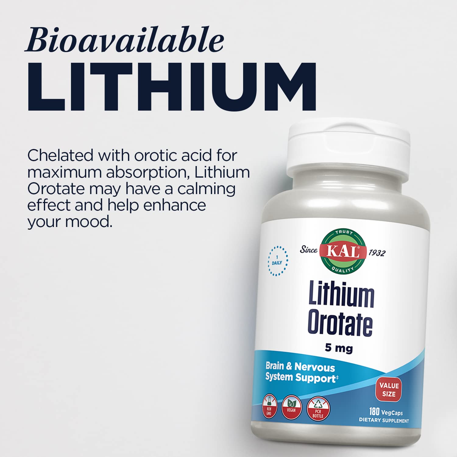 Dosage guide for KAL Lithium Orotate 5mg supports a simple daily routine.