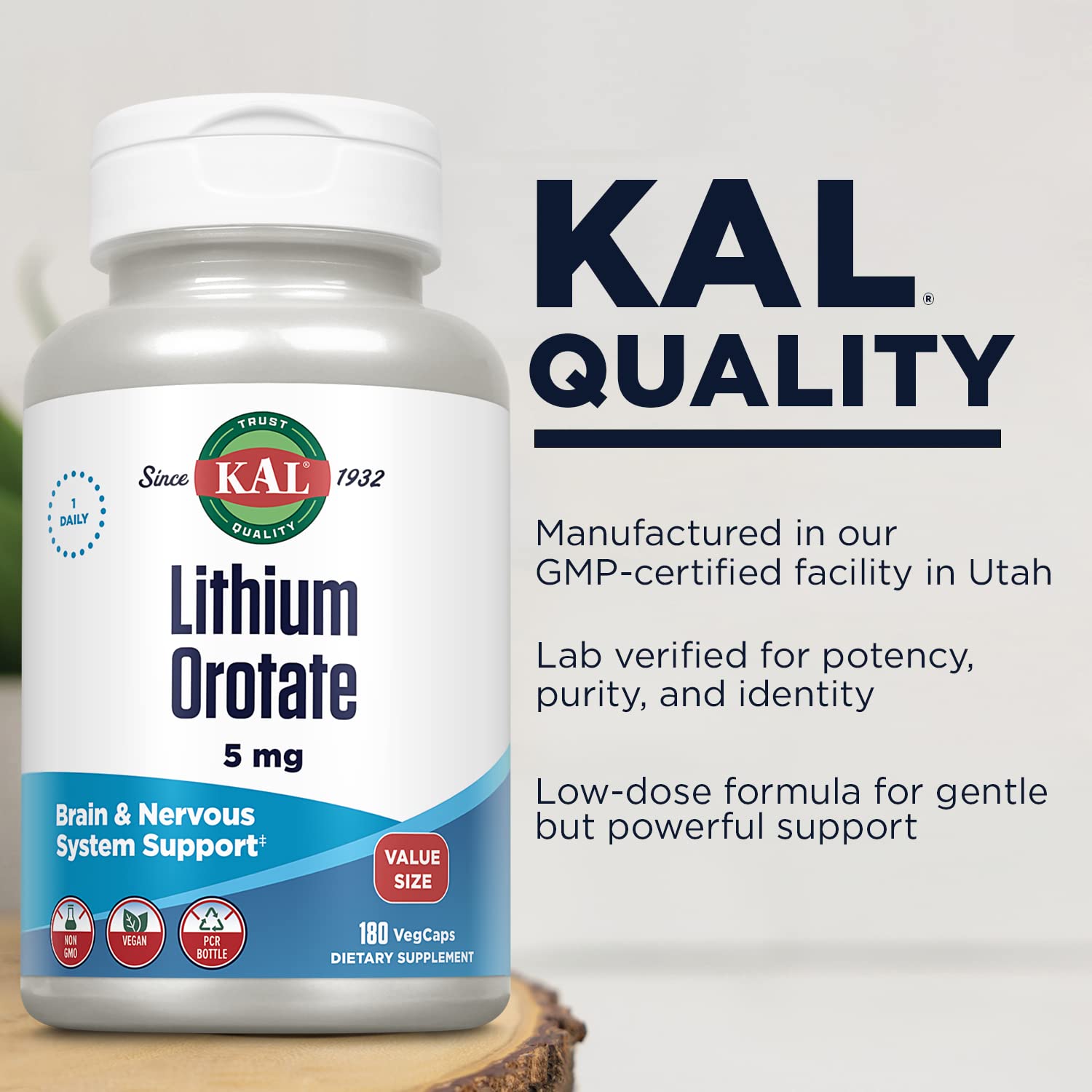 KAL Lithium Orotate 5mg in recycled PCR bottle, eco-friendly packaging.